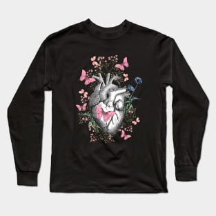 Floral and pink butterflies with Human Heart in love, vintage effect watercolor pink  flowers, Heart, anatomical Human heart Long Sleeve T-Shirt